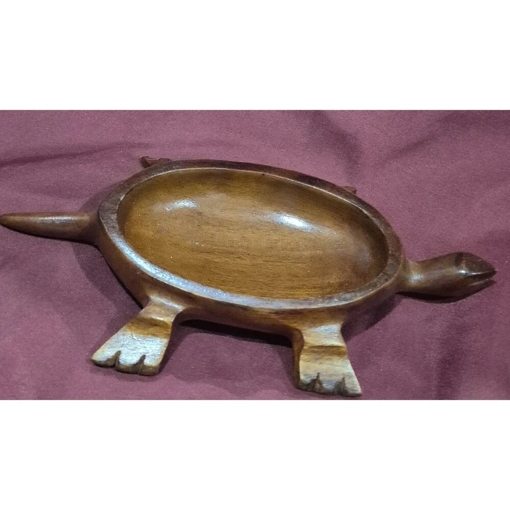 Vintage Hand Carved Wood Turtle Trinket Box 7